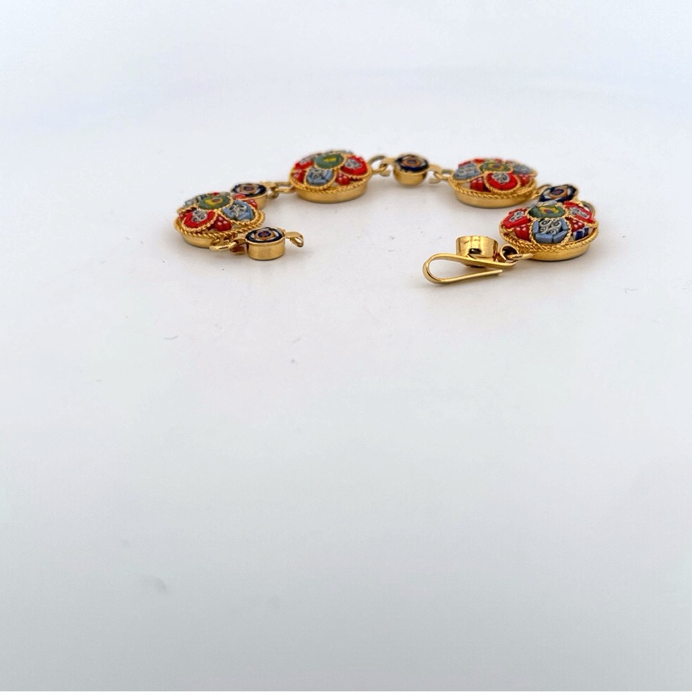 Vintage Italian gold plate micro mosaic link bracelet with white blue red colors - Picture 3 of 4